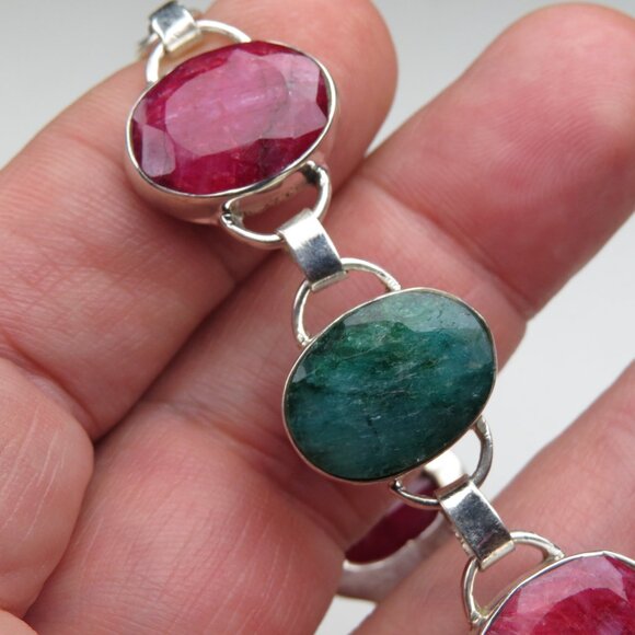 Emerald & Ruby Massive Bracelet Sterling Silver 7" & 8"